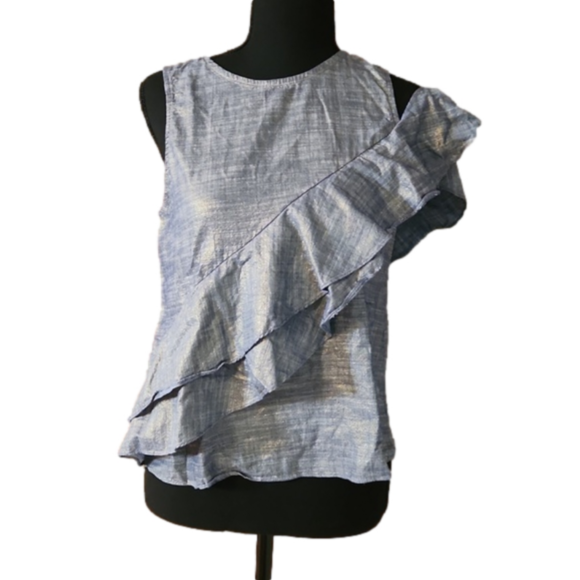 Waverly Grey Tops - Waverly Grey asymmetrically top, metallic denim, size Small